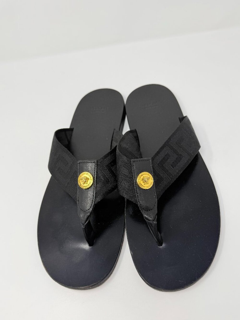 Versace Black Greek Key Thong Sandals Gold Medusa Flat Shoes Size EU 47 / US 13